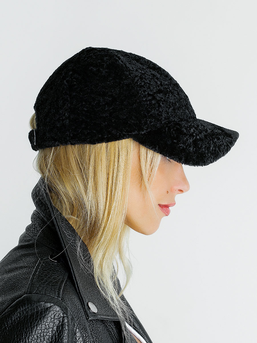 Black Lambskin Baseball Cap 