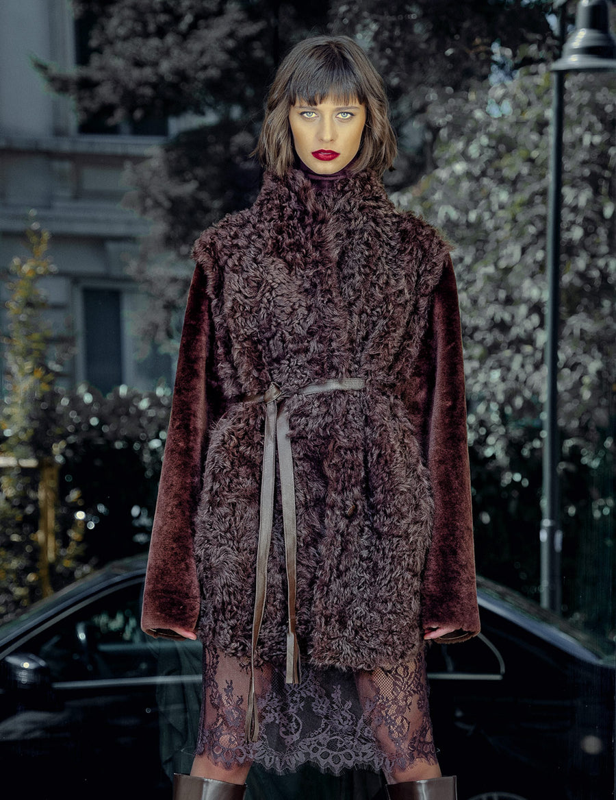 Дамски двулицев кожух в шоколадово кафяво