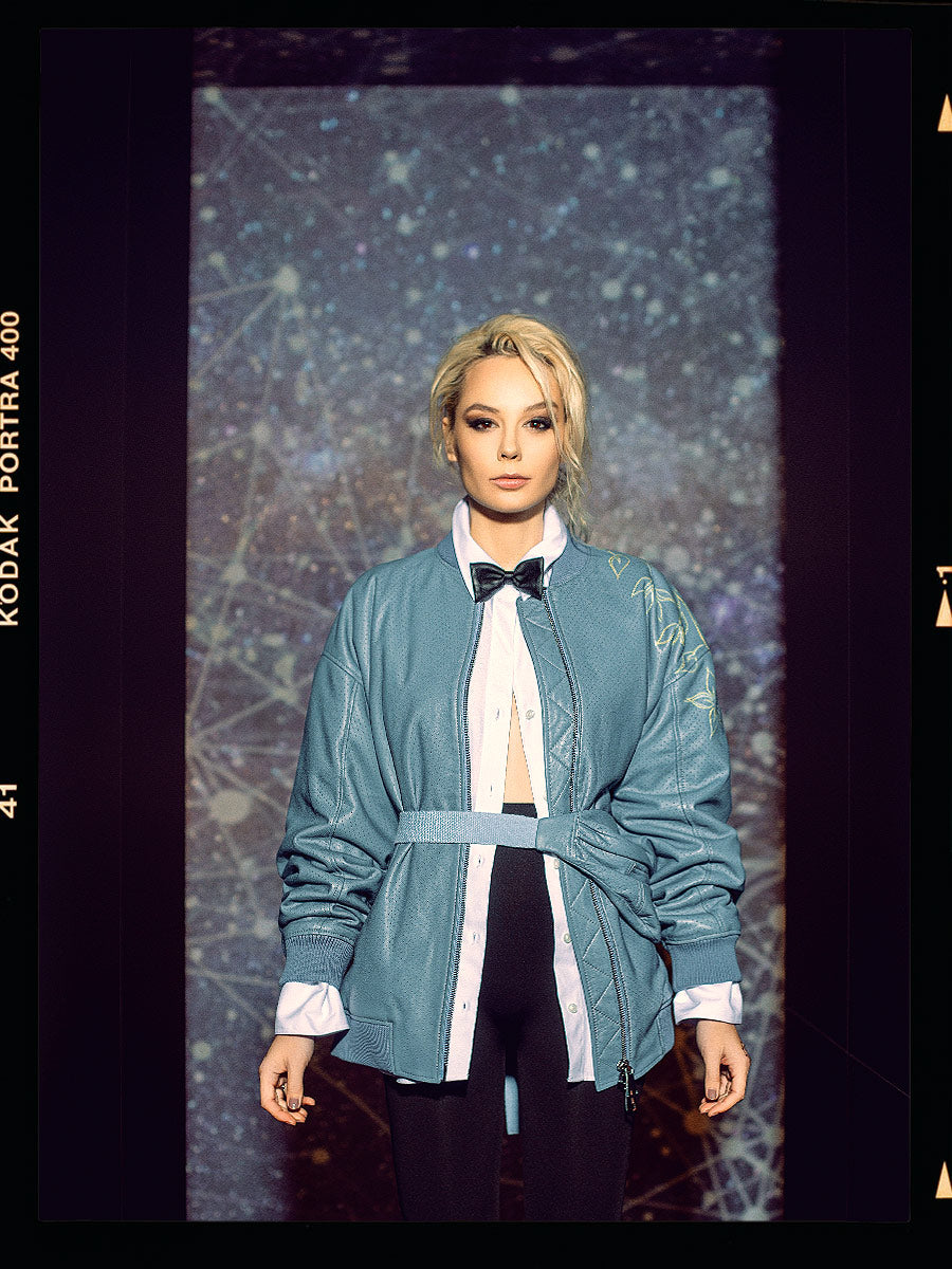 Blue leather bomber jacket