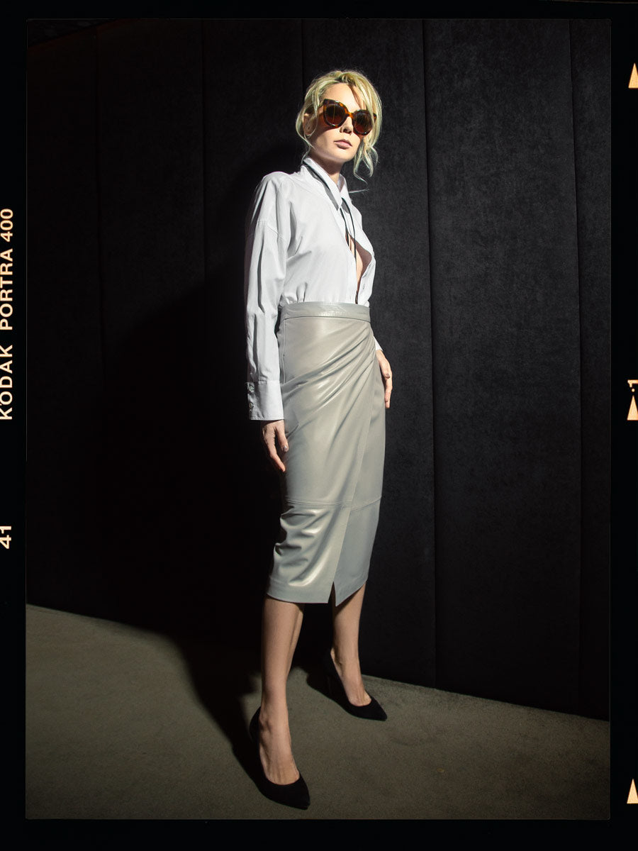 Gray leather skirt, wrap high waisted skirt