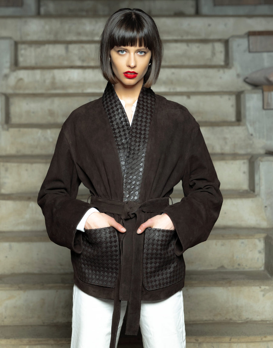 Дамско велурено яке кимоно с ръчна кожена плетка