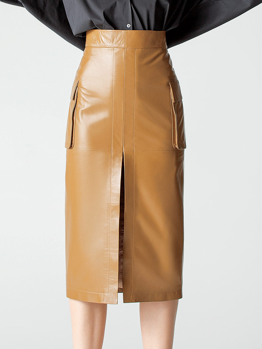 Brown leather pencil skirt with outer pockets