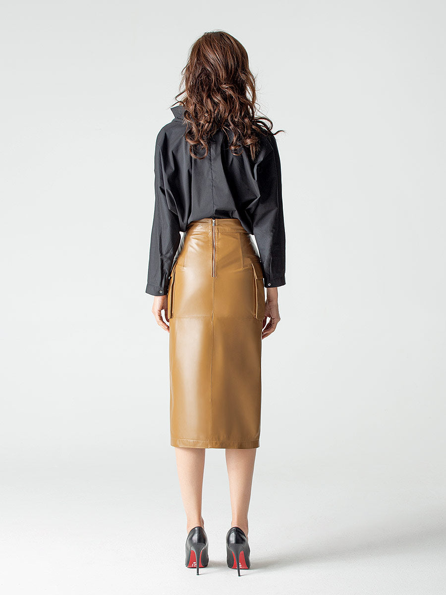 Brown leather pencil skirt with outer pockets