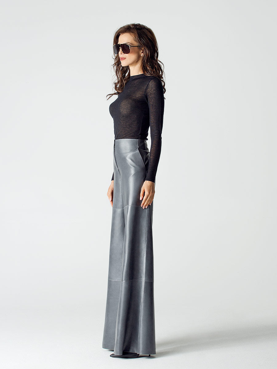 Grey leather palazzo trousers