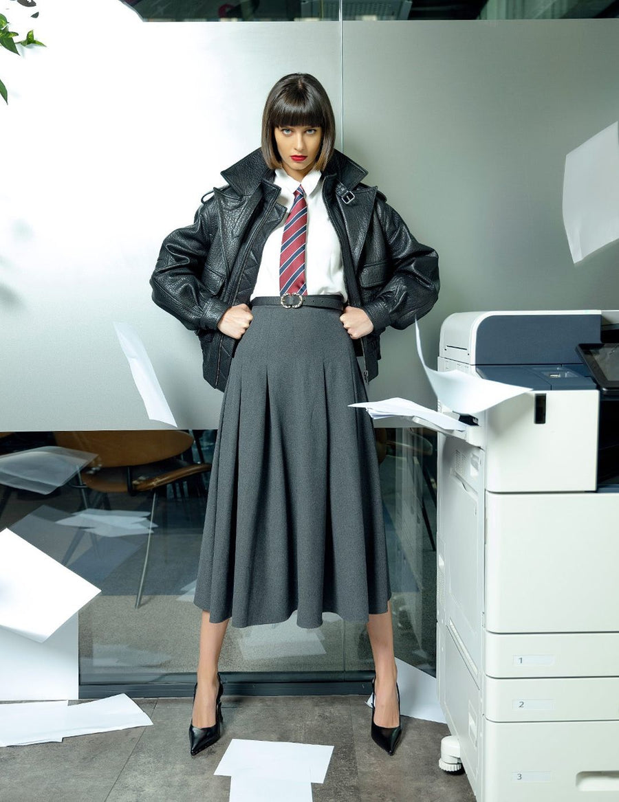 Дамско яке тип авиатор с двойна яка от естествена агнешка кожа