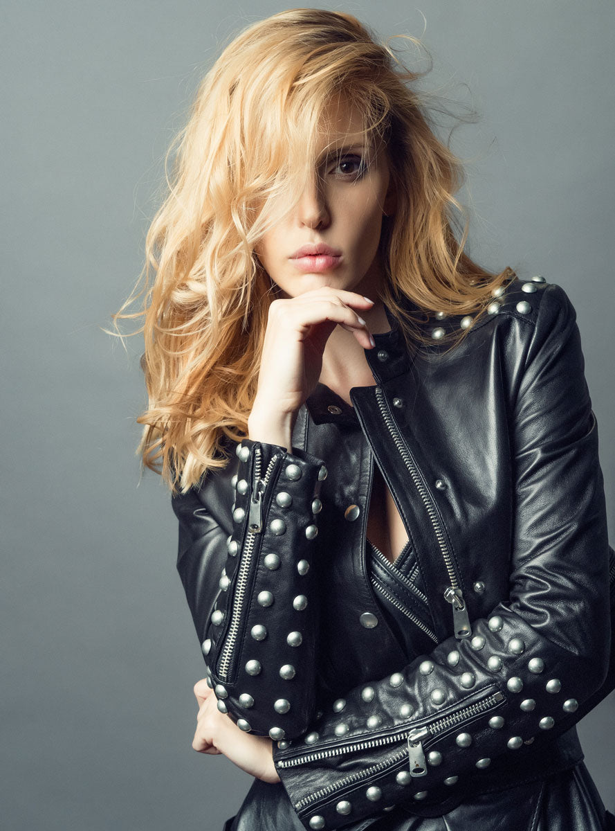 Leather jacket with metal rivets